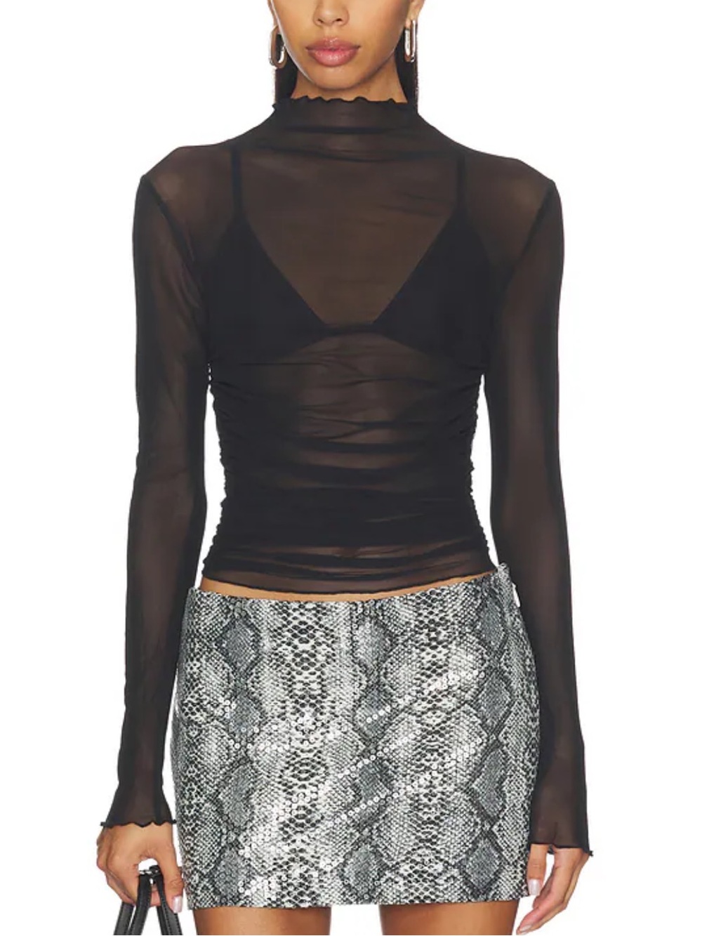 Nina Top in Black Sheer Mock-Neck Long Sleeve Top